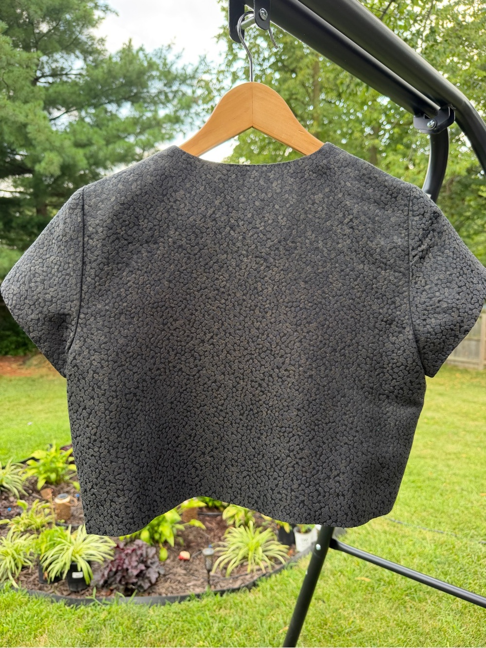 Eileen Fisher XS Silk Blend Textured Open Front Cropped Jacket Short Sleeve Grey - Picture 3 of 13